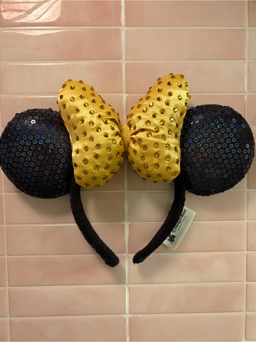 Disney Black Sequin Mouse Ear Headband with Gold Rhinestone Bow